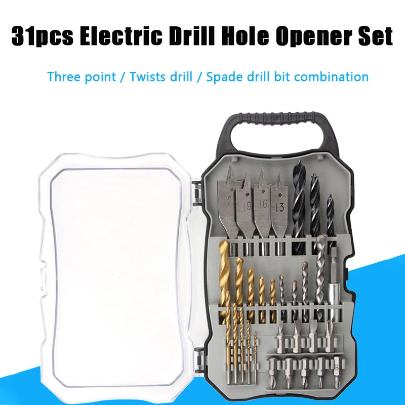 

31 шт., набор сверл с несколькими спецификациями для деревообработки, электрическая дрель, открывалка для отверстий, спиральное сверло с прямой ручкой, лопатовое сверло
