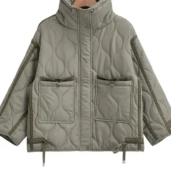 KAOPU ZA women fashion 2024 autumn/winter quilted padded jacket women vintage stand neck pocket zipper casual female outerwear