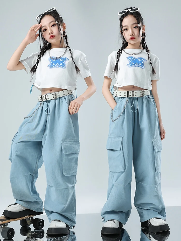 Nieuwe Meisjes Jazz Danskleding Witte Korte Tops Blauwe Cargobroek Hiphop Kids Kleding Kpop Performance Pak Rave Outfit Bl12535