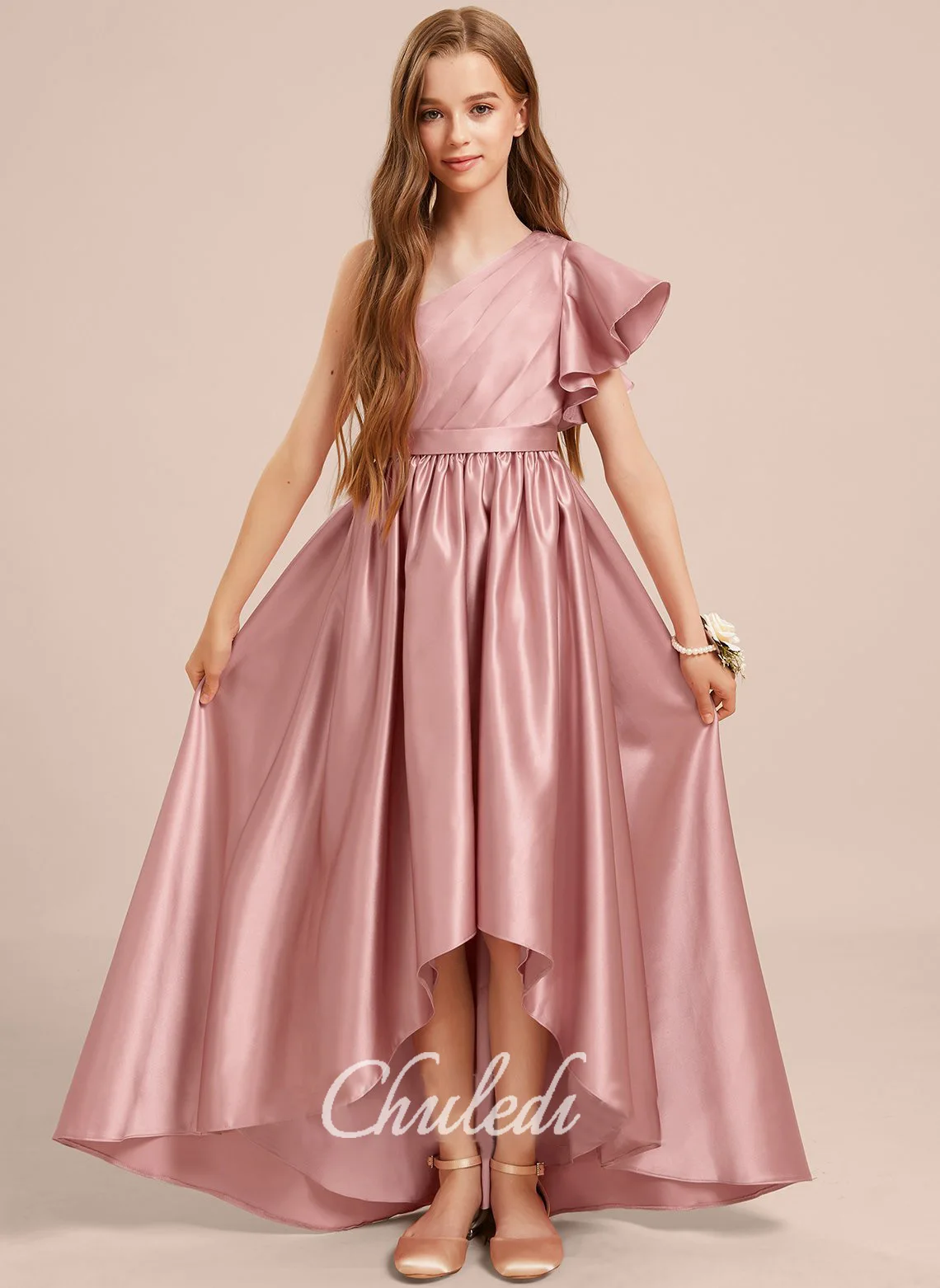 

A-line One Shoulder Asymmetrical Satin Junior Bridesmaid Dress