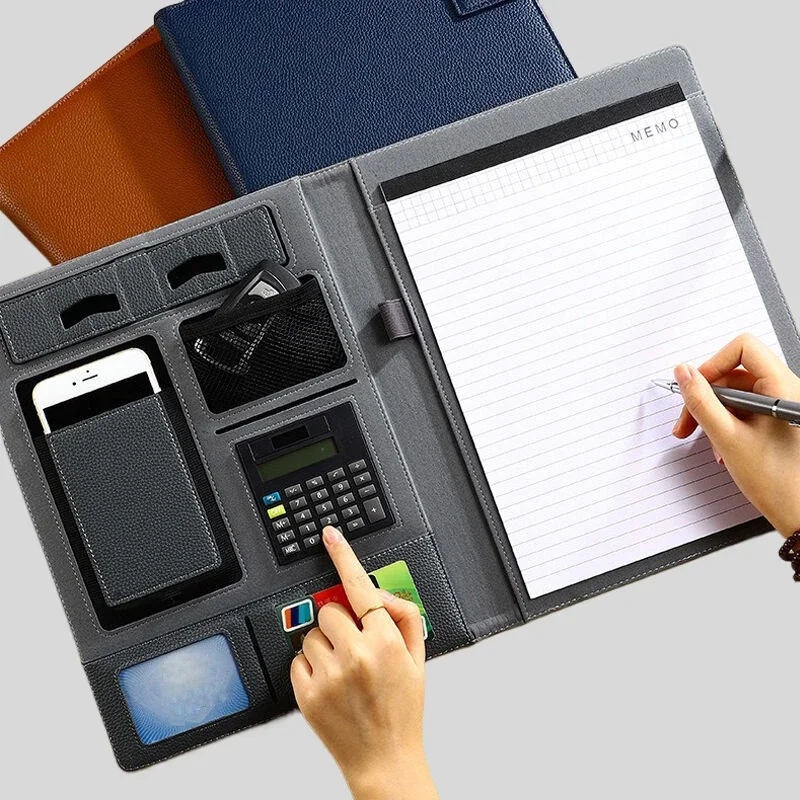 A4 Leather Padfolio Portfolio File Folder Man Document Desk Holder Organizer Executive Folders Calculator Briefcase for Office