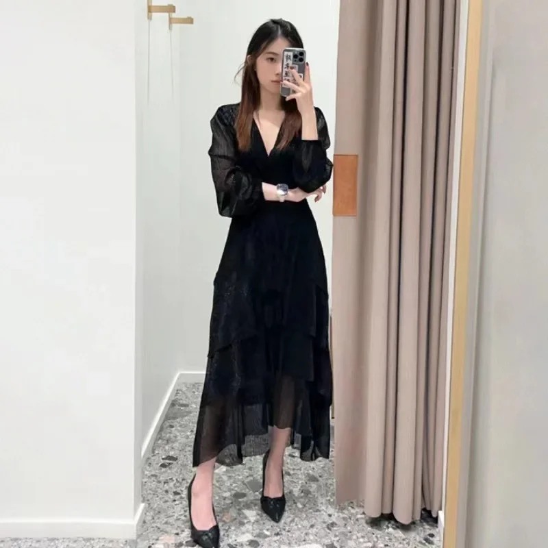 

Autumn 2023 Women's Black Midi Dress Irregular Layered Ruffle Lurex Lantern Sleeve Elastic Waist Female Robes