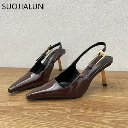 SUOJIALUN Spring New Brand Women Sandal Fashion Pointed Toe Shallow Slip On Slingback Shoes Thin High Heel Outdoor Dress Pumps