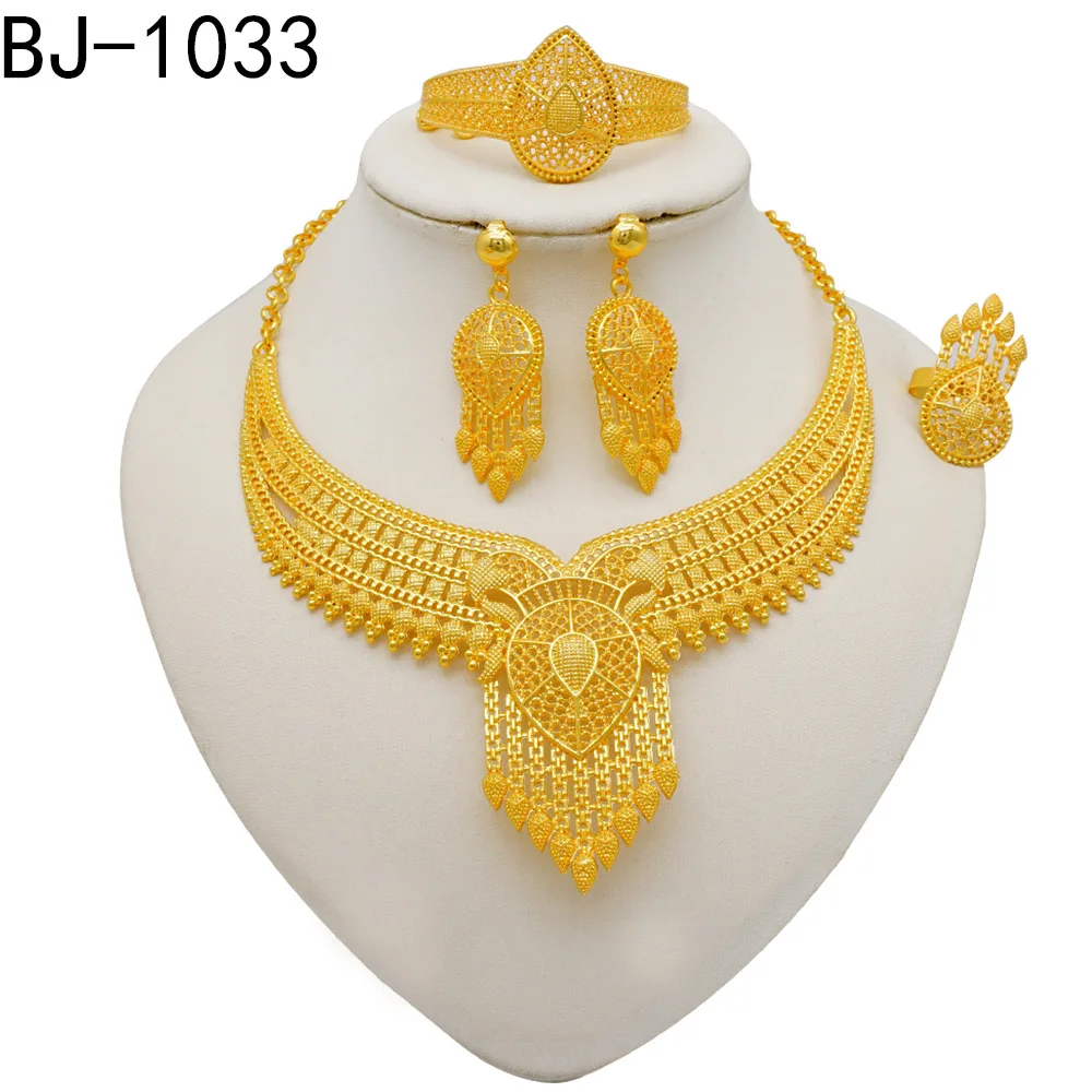 

Necklace/Earrings/Bracelet/Ring (Palace Style) Women 24K Gold, AU999 | Hammered filigree with raised diamond patterns.