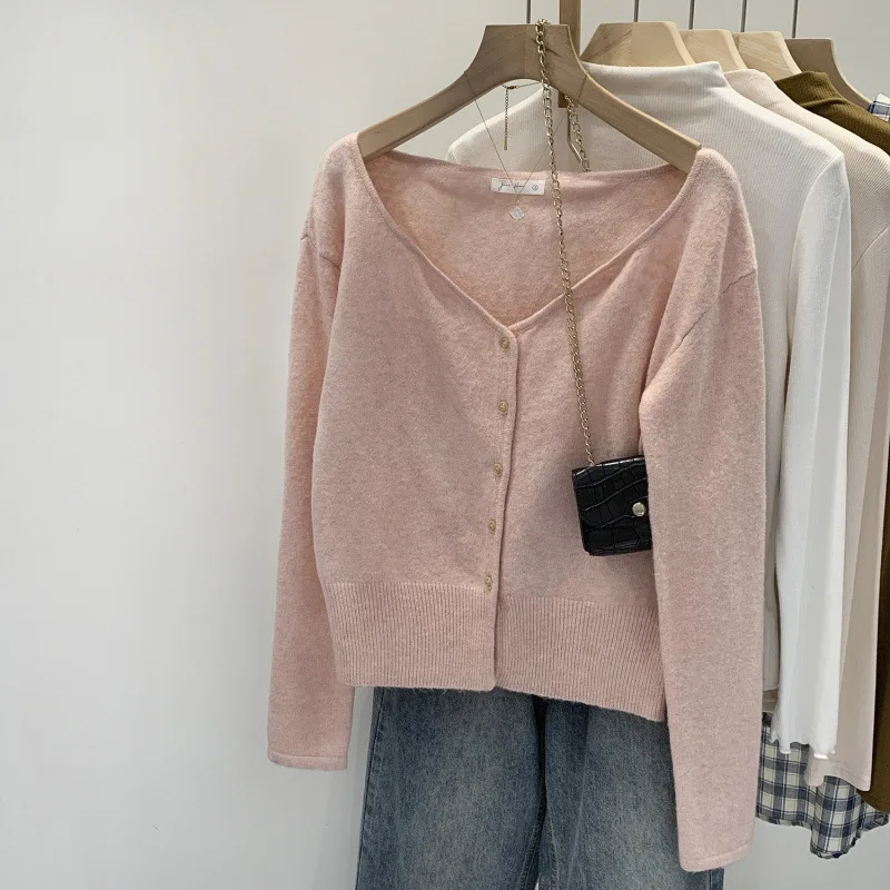 

Ранняя осень, розовый шерстяной свитер, вязаный кардиган, женское пальто, новый топ с длинными рукавами в ленивом стиле