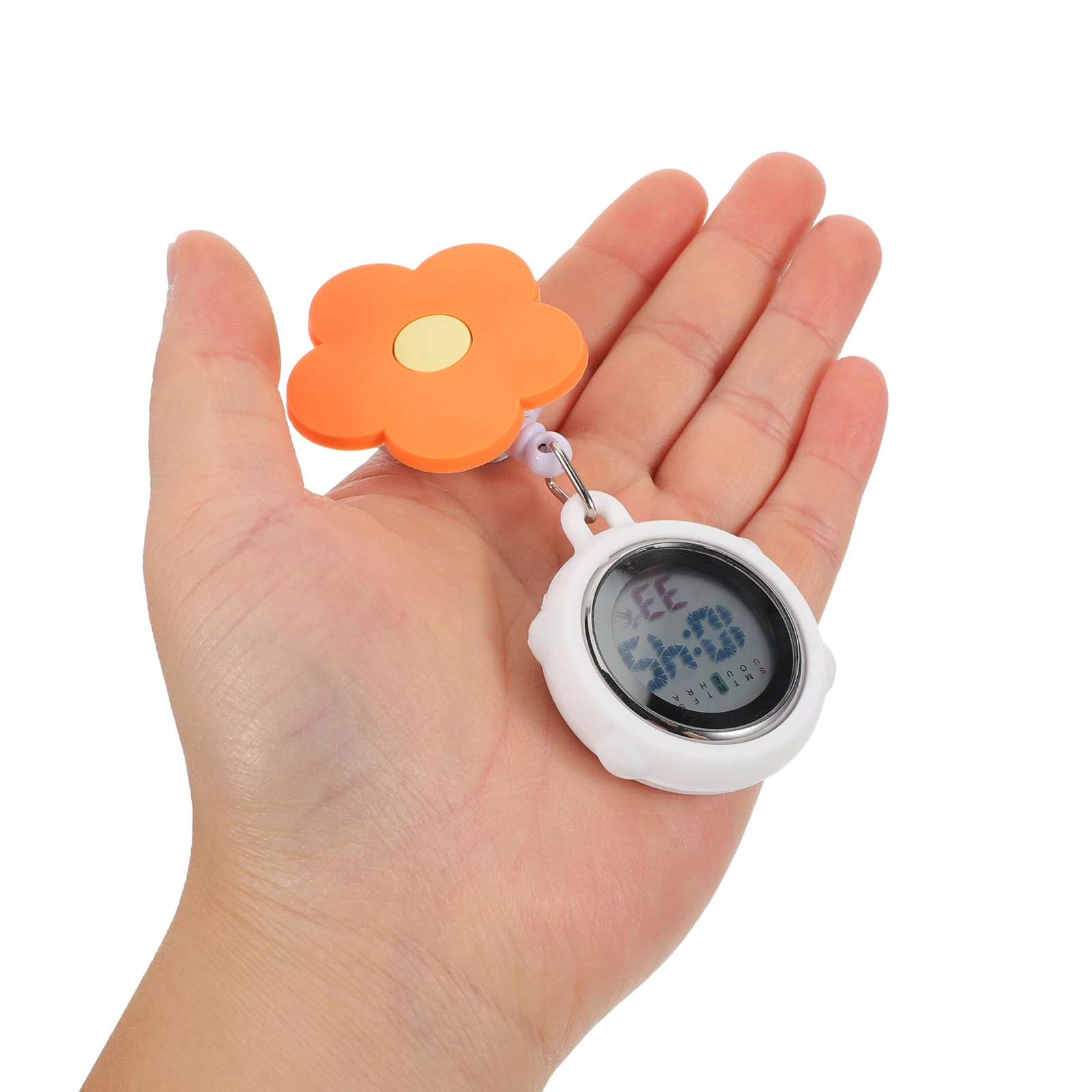

Luminous Digital Nurse Fob Watch with Retractable Clip Orange Flower Design Lightweight Waterproof Pocket Watch for Women Nurses
