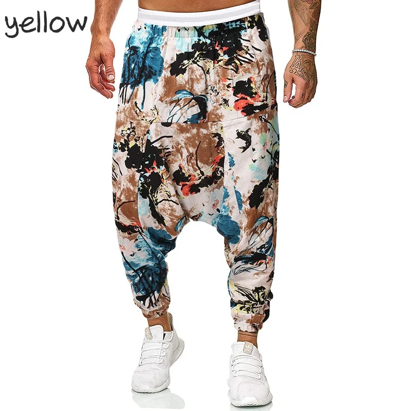 Men\'s harem pants linen cotton casual trousers Africa print jogging loose hip hop party trousers 7 colors