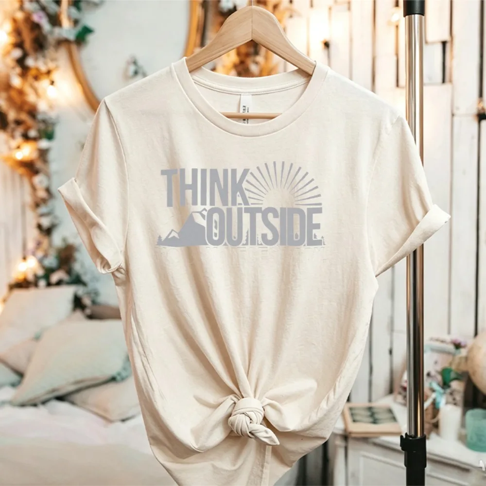 Think Outside Sun Mountain Graphic T-Shirt Outdoor Adventure Quote Print Nature Camping Hiking Lover Soft Cotton Novelty Tees