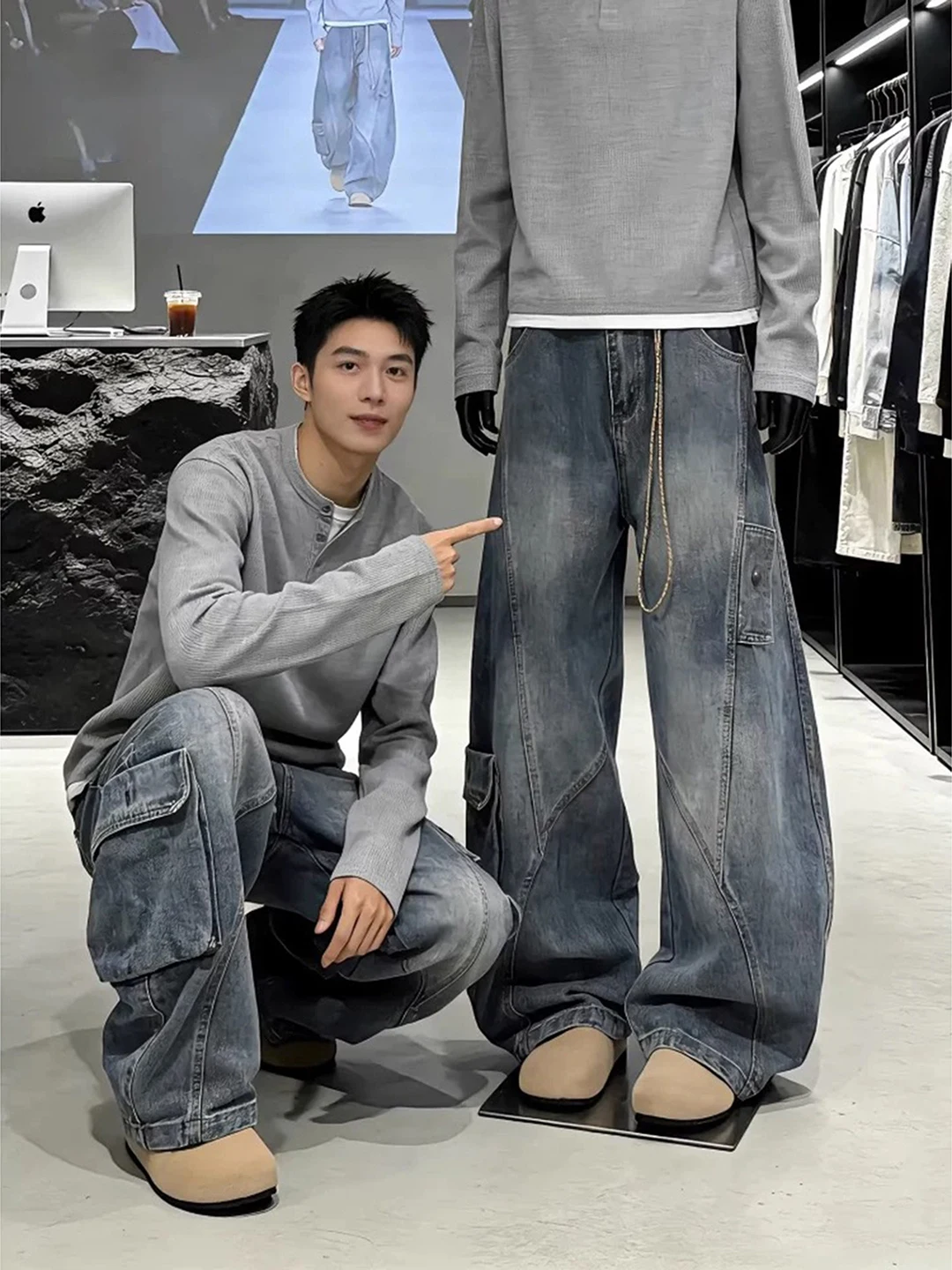 

American Sle Wide Leg Workwear Jeans Men Casual Pants Big ket Destructed Slant Cut High Waist Knife Pants