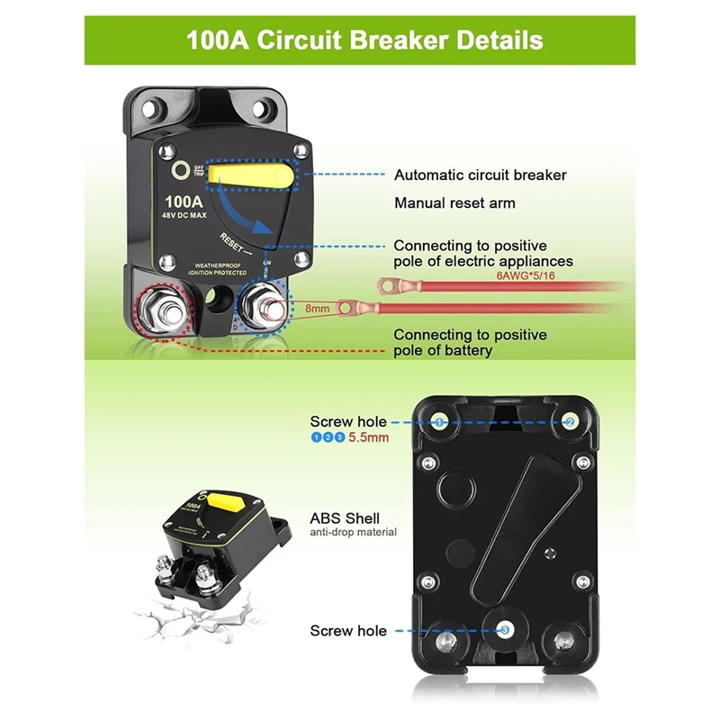 

BOFO 100 Amp Circuit Breaker DC 12V-48V Fuse W/Manual Reset Switch For RV Car Audio Marine Boat Trolling Motor