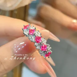 New Luxury Rose Red Zircon Rings For Women Fashion Silver Color Promise Love Engagement Ring Romantic Bridal Wedding Jewelry