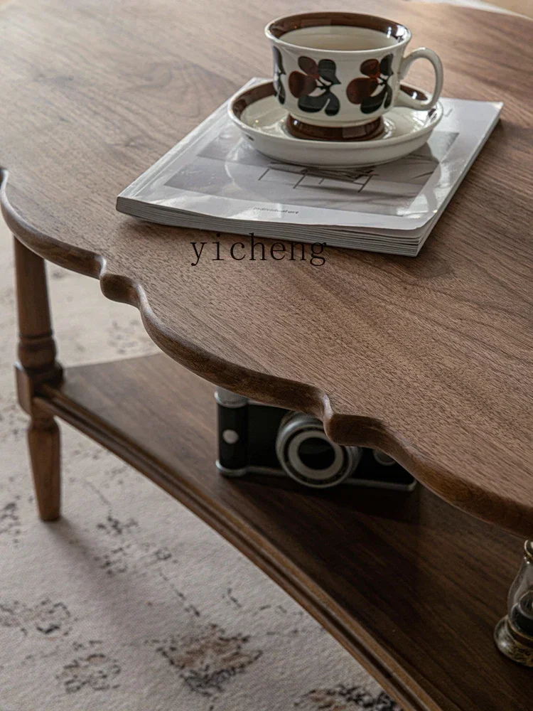 b4 Coffee Table Vintage Solid Wood Oval Double-Layer Low Table Living Room Home Small Apartment Tea Table
