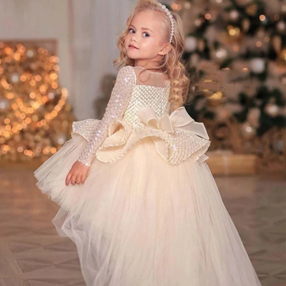 

Elegant Long-sleeved Puffy With Bow Belt Princess Flower Girl Dress For Wedding Birthday Party Ball Prom First Communion Gowns