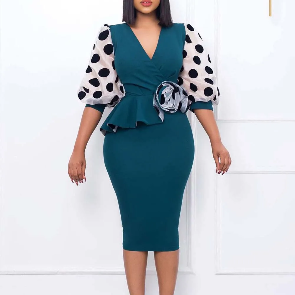 

Elegant Bodycon Dresses for Woman V Neck Half Sleeve Package Hips Mid Calf Formal Female Business Work Wear Vestidos Mujer 2023