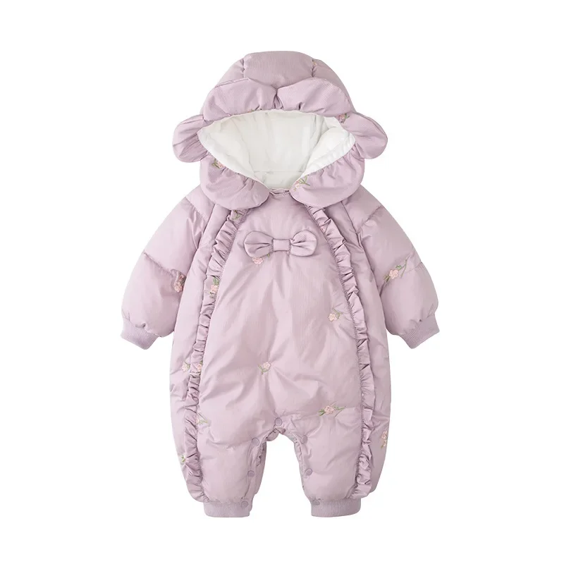 HoneyCherry Winter Light Purple Embroidered Romper Baby Clip Cotton Thickened Cotton Clothes Girl Baby Cute Warm Out Clothes