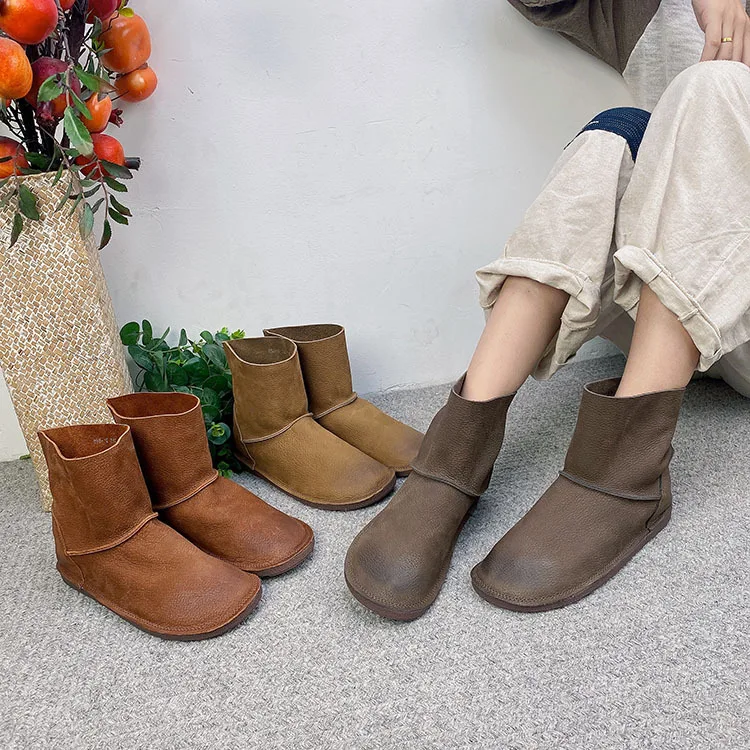 Careaymade-Genuine leather Women's shoes,Round Head Pure handmade Cowhide warm Boots  comfortable Flat Forest Casual ankle boots