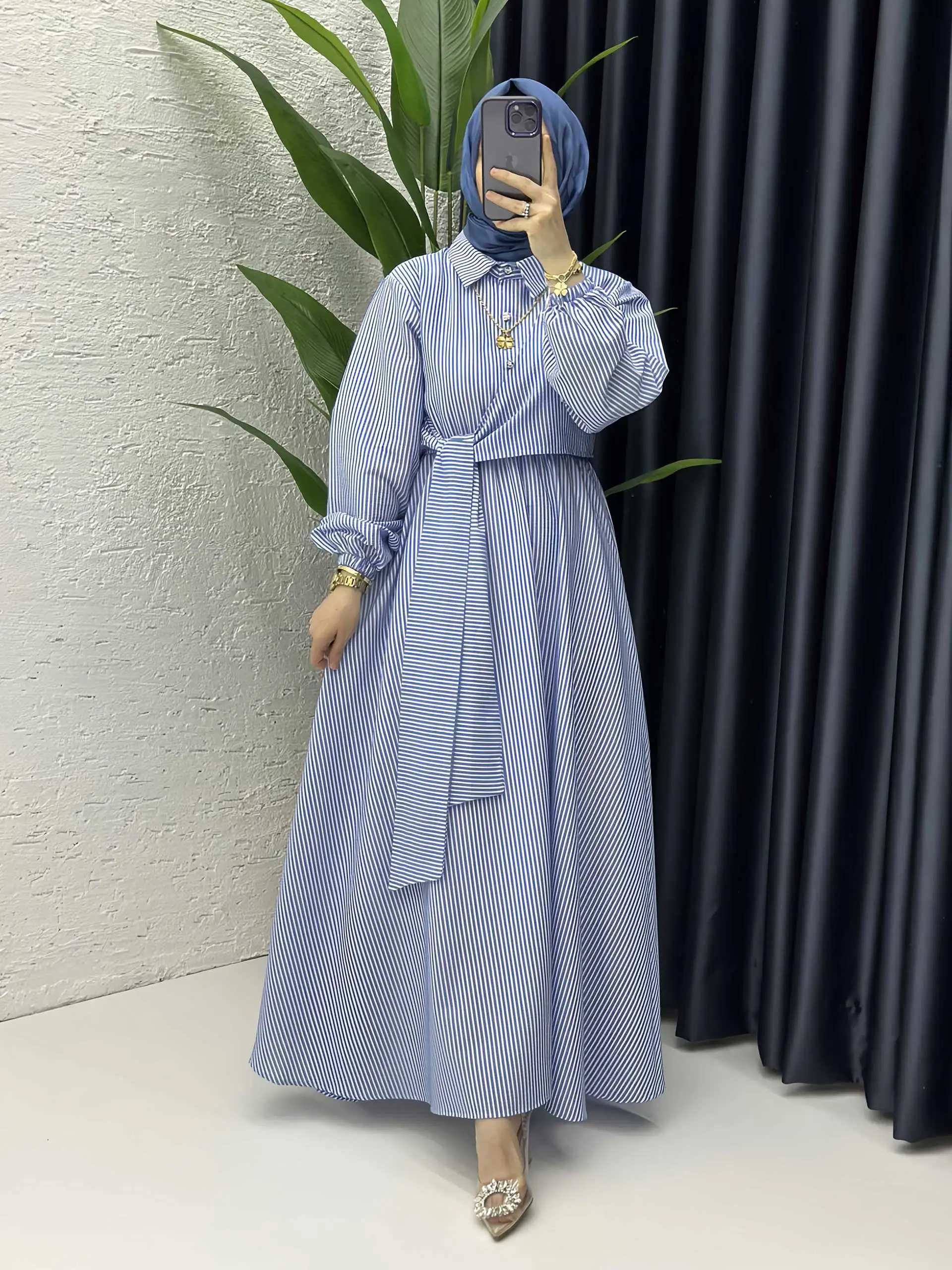 2025 Striped Modest Dress Blue White Color Belted Waist & Shirt Neckline Ideal for Riyadh Weekday Commutes & Coffee Meetups
