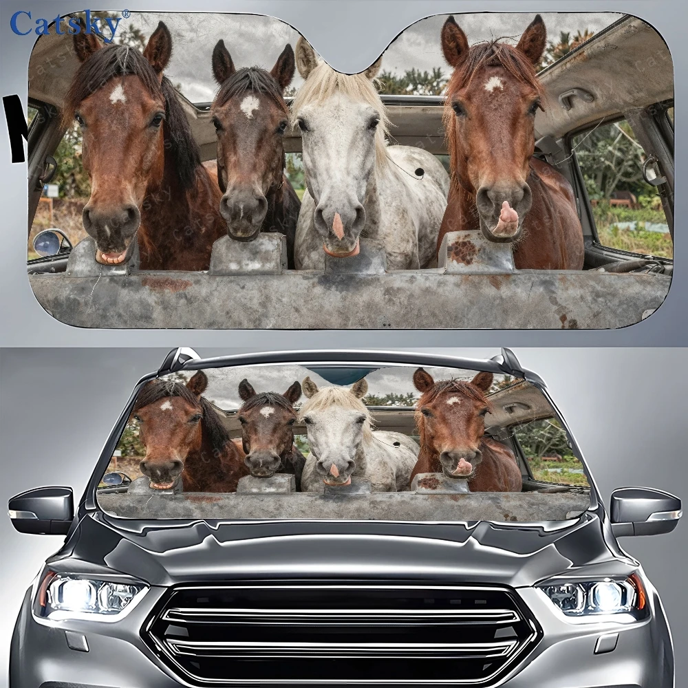 A Collection Of Horses Resting In The Rear Of A Vehicle, Featuring For The Front Window, Decorative Auto Sunshades, And A Sturdy