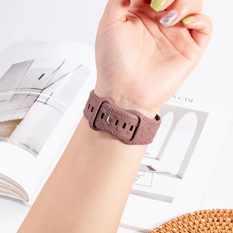 Blumen-Gravur-Armband für Apple Watch 44mm 40mm 49mm 41mm 45mm 38mm 42mm Armband iWatch Series 12 9 7 6 3 Ultra 4 SE Band – Detail 7