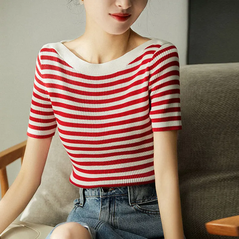 Basic Striped Patchwork T-shirt Casual Slash Neck Slim Summer Thin Knitted Short Sleeve Female Fashion Screw Thread Pullovers