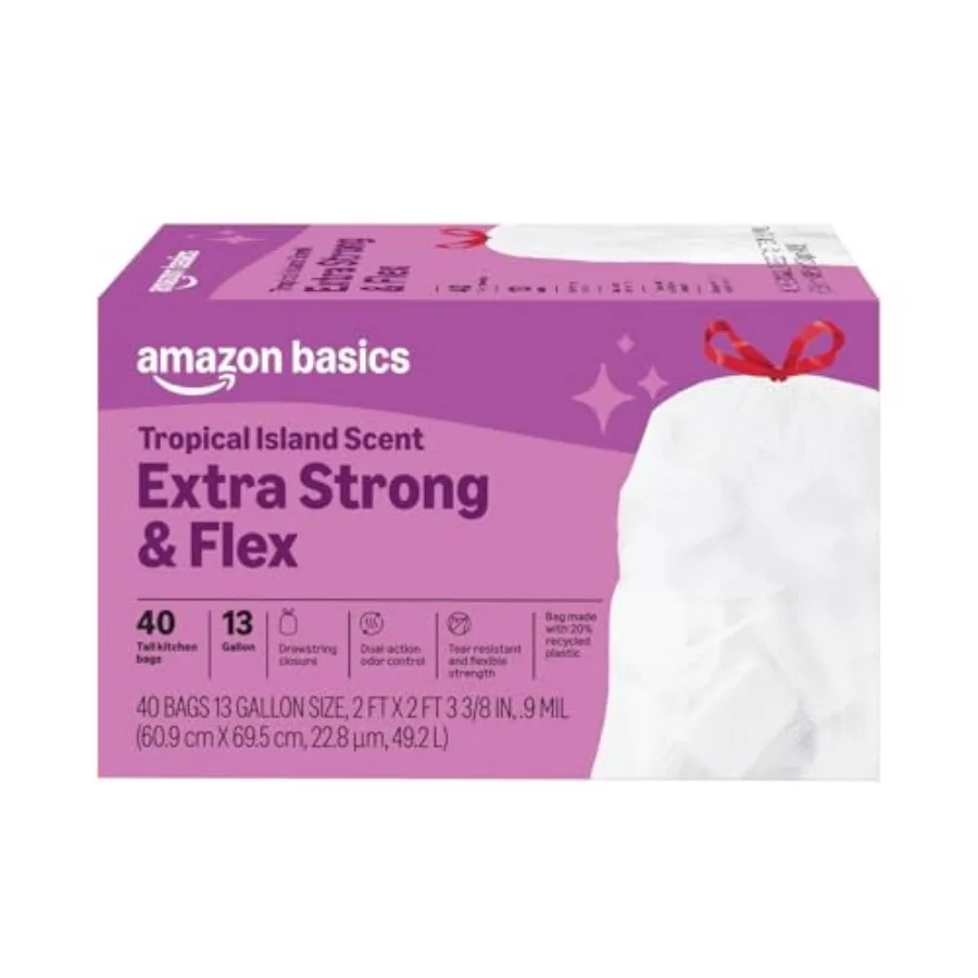 

Basics Extra Strong and Flex Tall Kitchen Drawstring Trash Bags, Scent, 13 Gallon, Tear Resistant with Odor Control, 40 Count