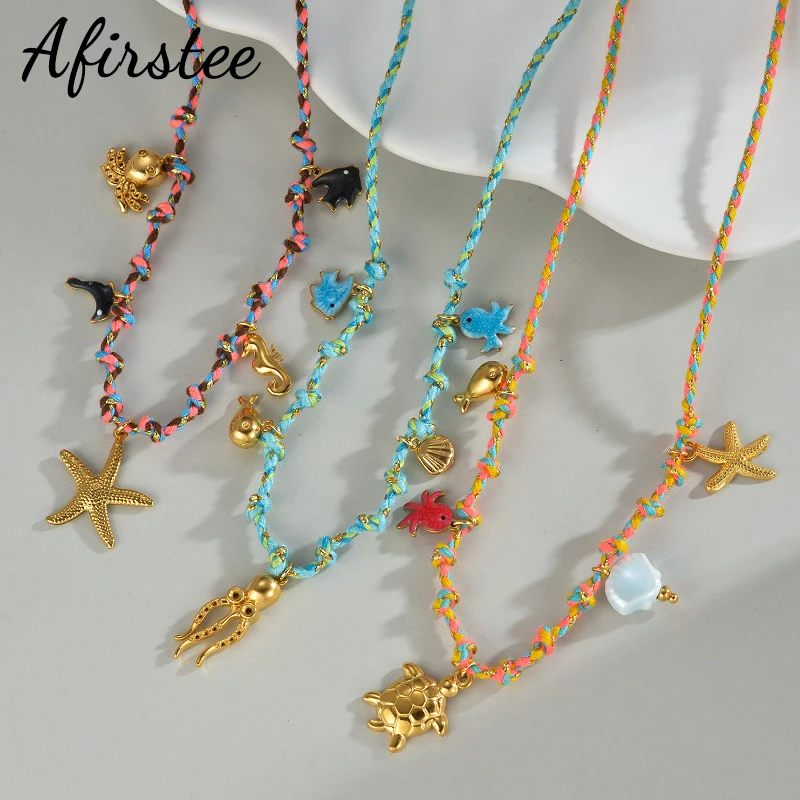 

Afirstee Multiple Braiding Styles Necklace Stainless Steel Marine Life Pendants For Women Girls Beach Style Vacation Jewelry