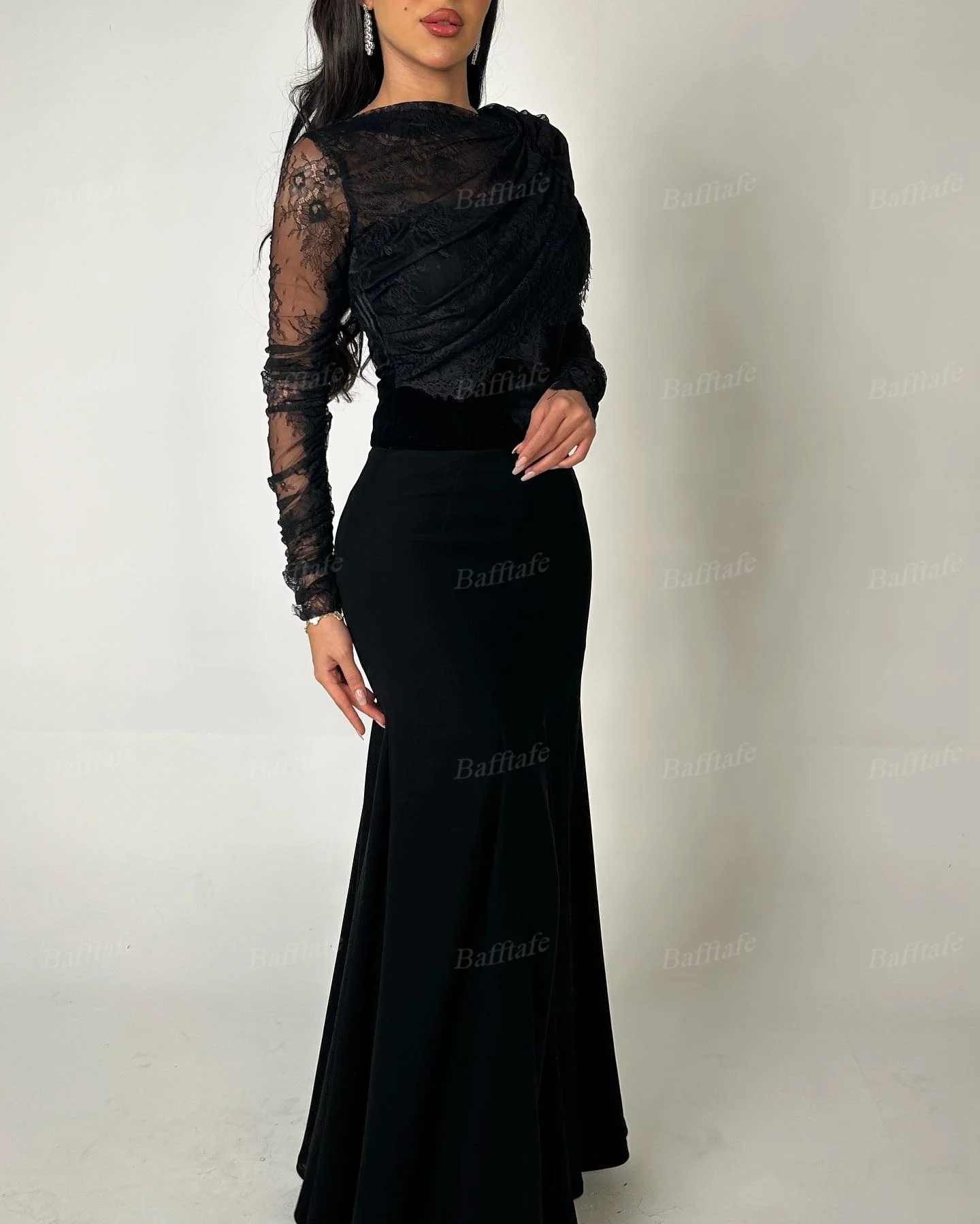 Bafftafe Black Mermaid Evening Dresses Lace Long Sleeve Women Formal Prom Dress Customized Floor Length Bodycon Party Dress