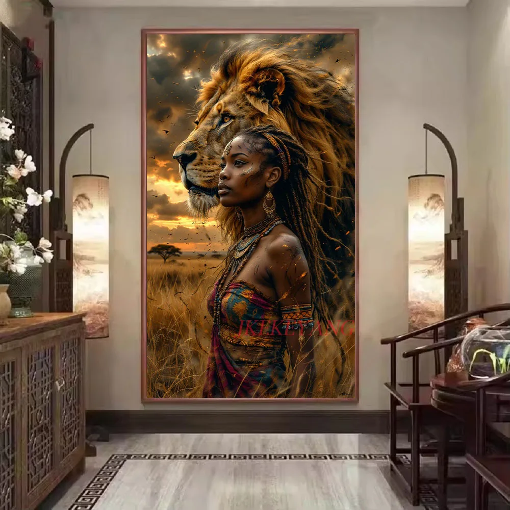African Woman and Lion Picture DIY Diamond Painting Cross Stitch Full Drills Diamond Mosaic New Collection Home Decor