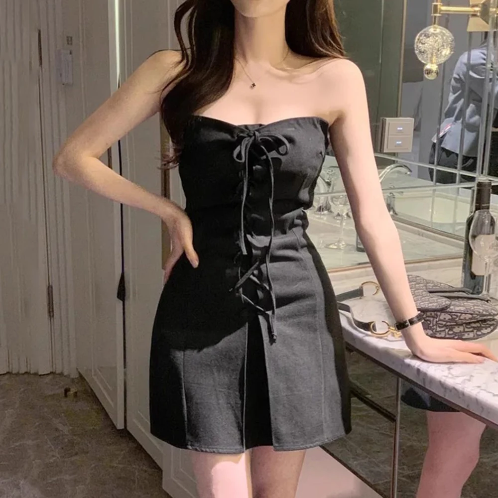 فساتين صيفية كورية فرنسية مثيرة بتصميم برباط للنساء، فستان قصير من قماش الدنيم بدون أكمام، بدون حمالات