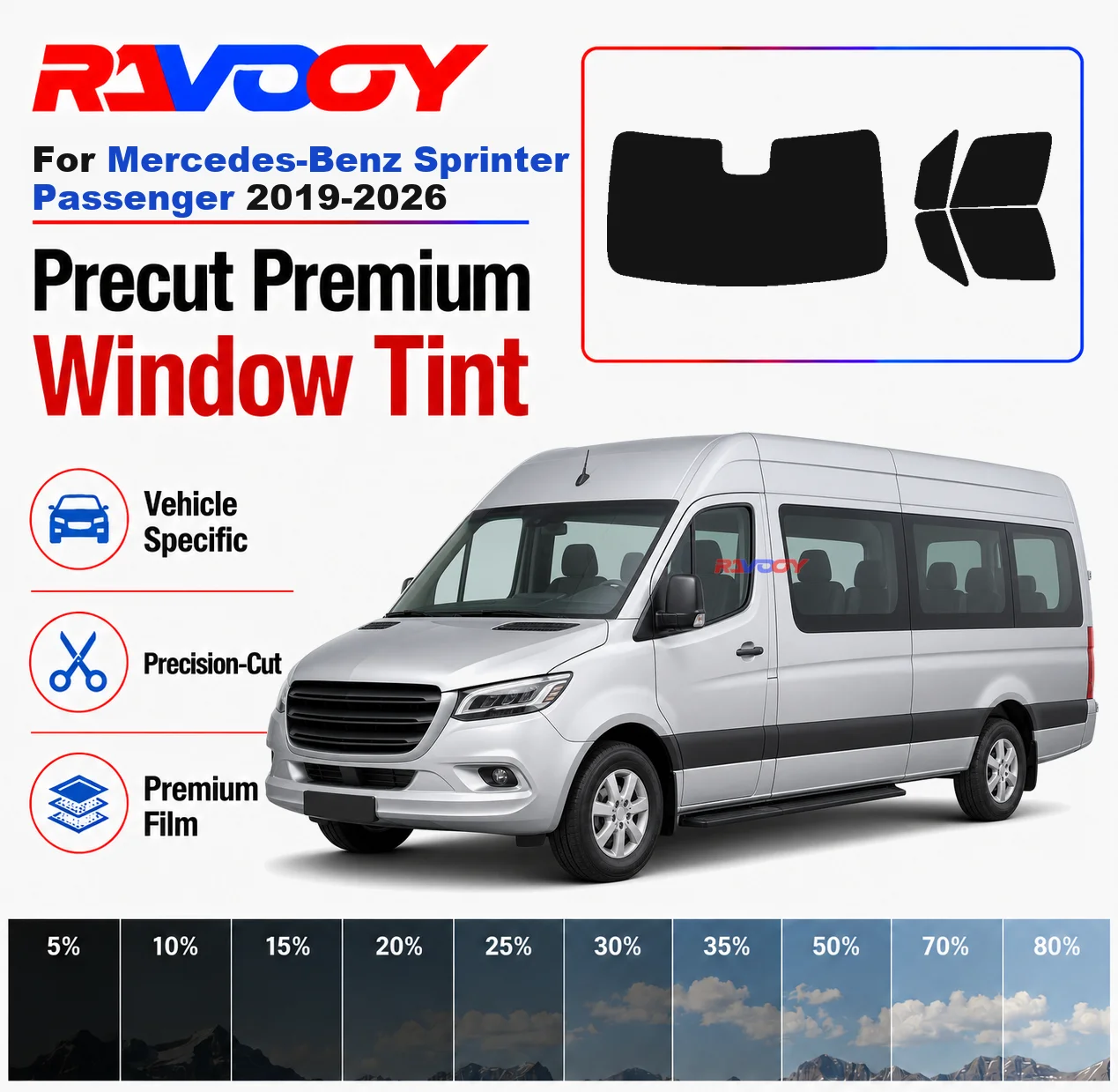 Premium Precut Window Tint Kit Front Rear Windows For Mercedes-Benz Sprinter Passenger 2019-2026 Complete Set Nano Ceramic Film