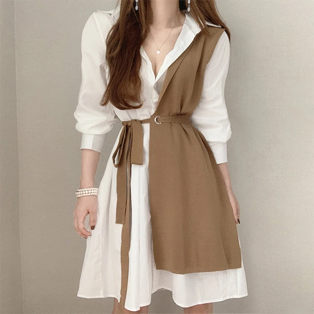 Coreano Sle Patchwork irt Dr mujer Regular Fit primavera Otoño Invierno Dr Casual ropa de calle al aire libre leva fecha