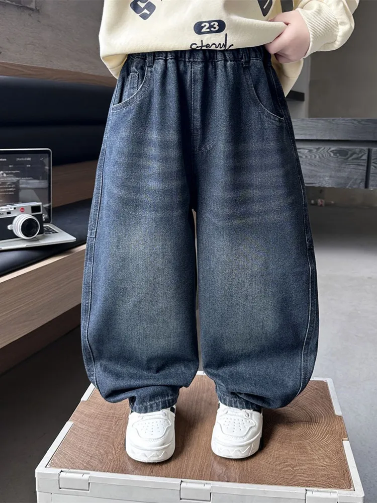 Spring&Autumn Fashion Boy Jeans Elastic Waist Teen Curved-knife Pants Classic Blue Kids Denim Pants Children Loose Trousers 2-11 3