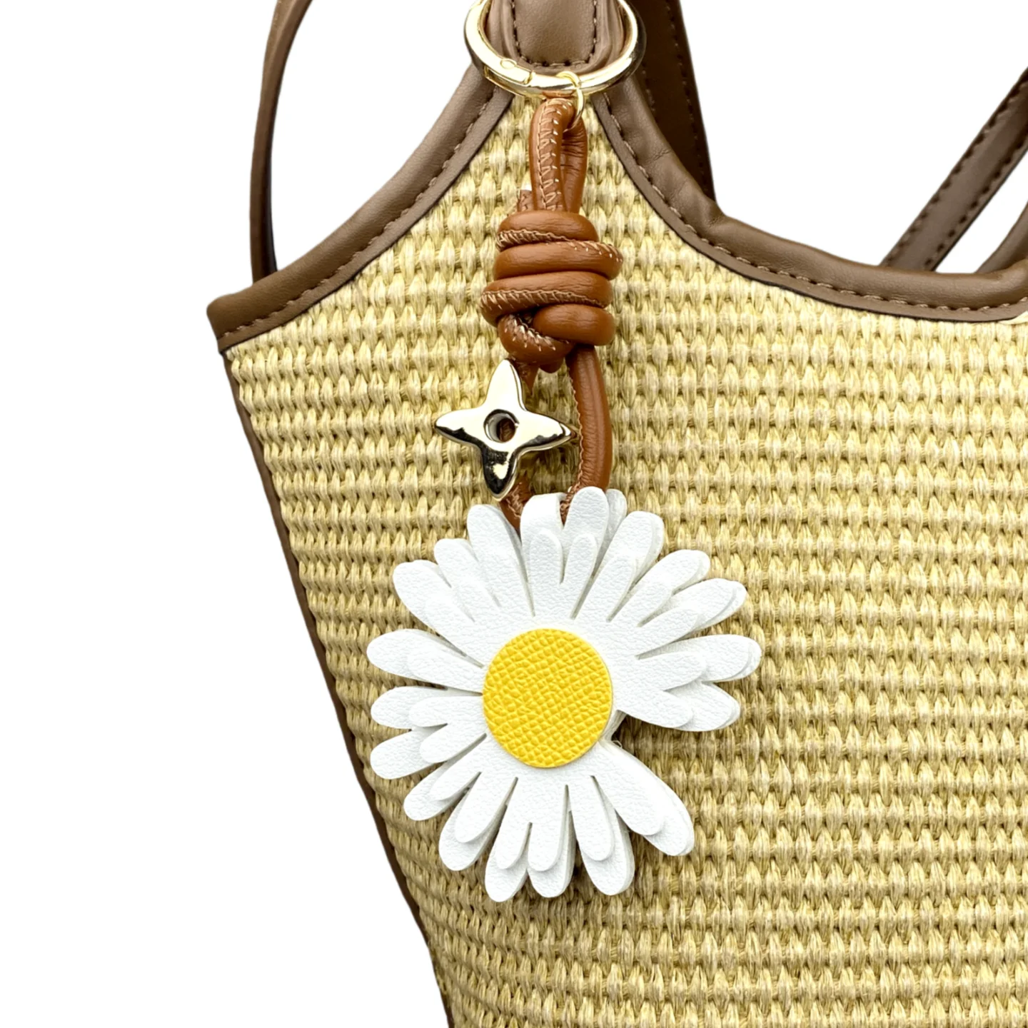 Klassischer Gänseblümchen-Schlüsselanhänger aus PU-Leder – zweifarbiger PU-Gänseblümchen-Charm mit vierblättrigem Kleeblatt-Perle/3,2 cm Metallring für Tasche, Geldbörse, Rucksack – Detail 5