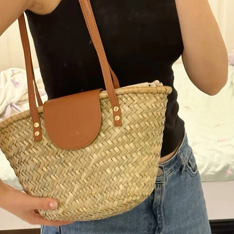 Bohemian Straw Tote Bags For Women Luxury Designer Handbag And Purse 2024 New In Papyrus Woven Small Beach Underarm Shoulder Bag