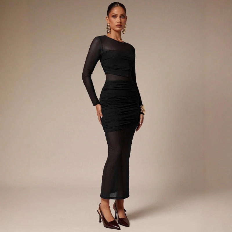 

2026 Spring New Round Neck Mesh Splicing Solid Color Slimming Bag with Hip Fold Edge Women's Long Dress