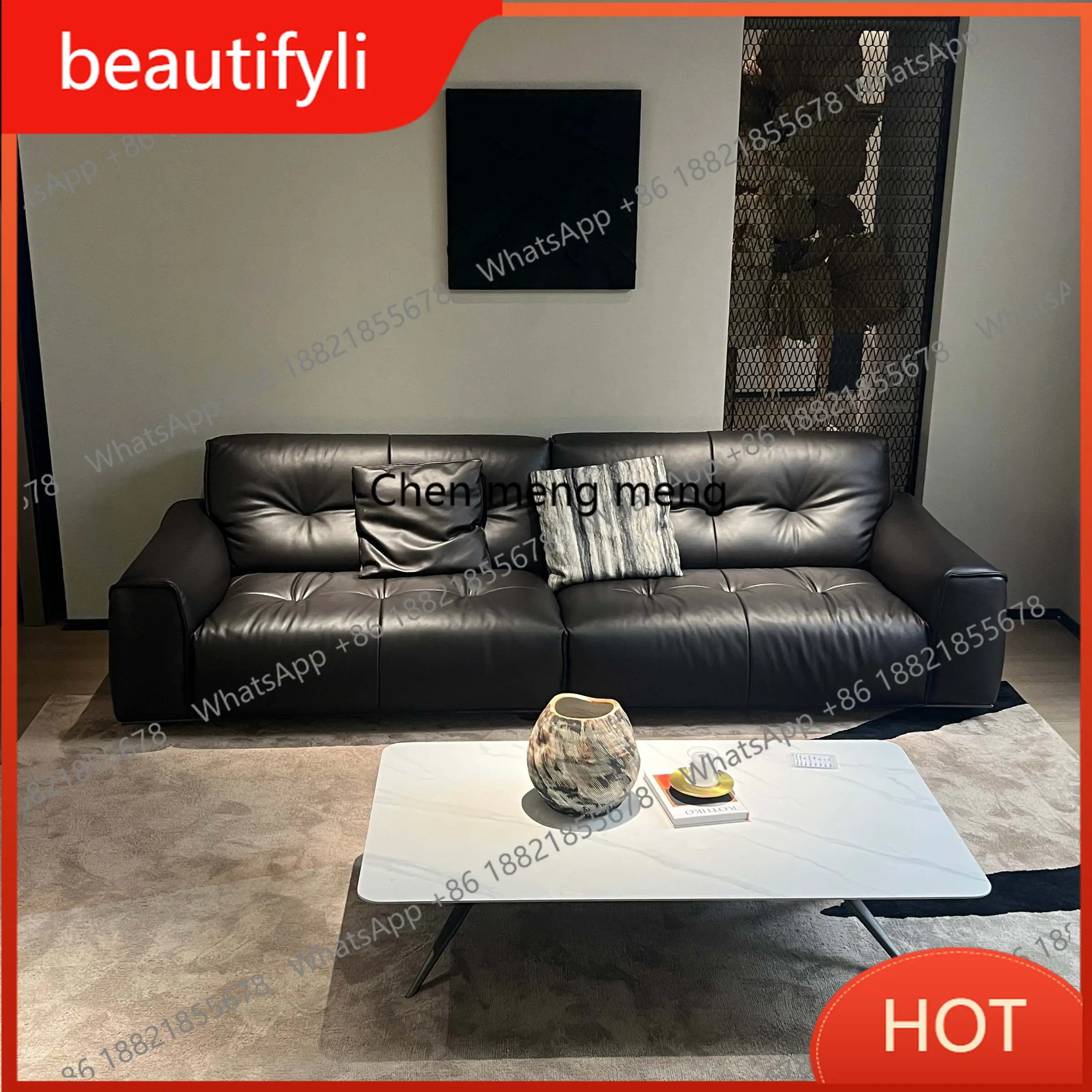 A139 French retro leather sofa black first layer cowhide straight row high-end sofa
