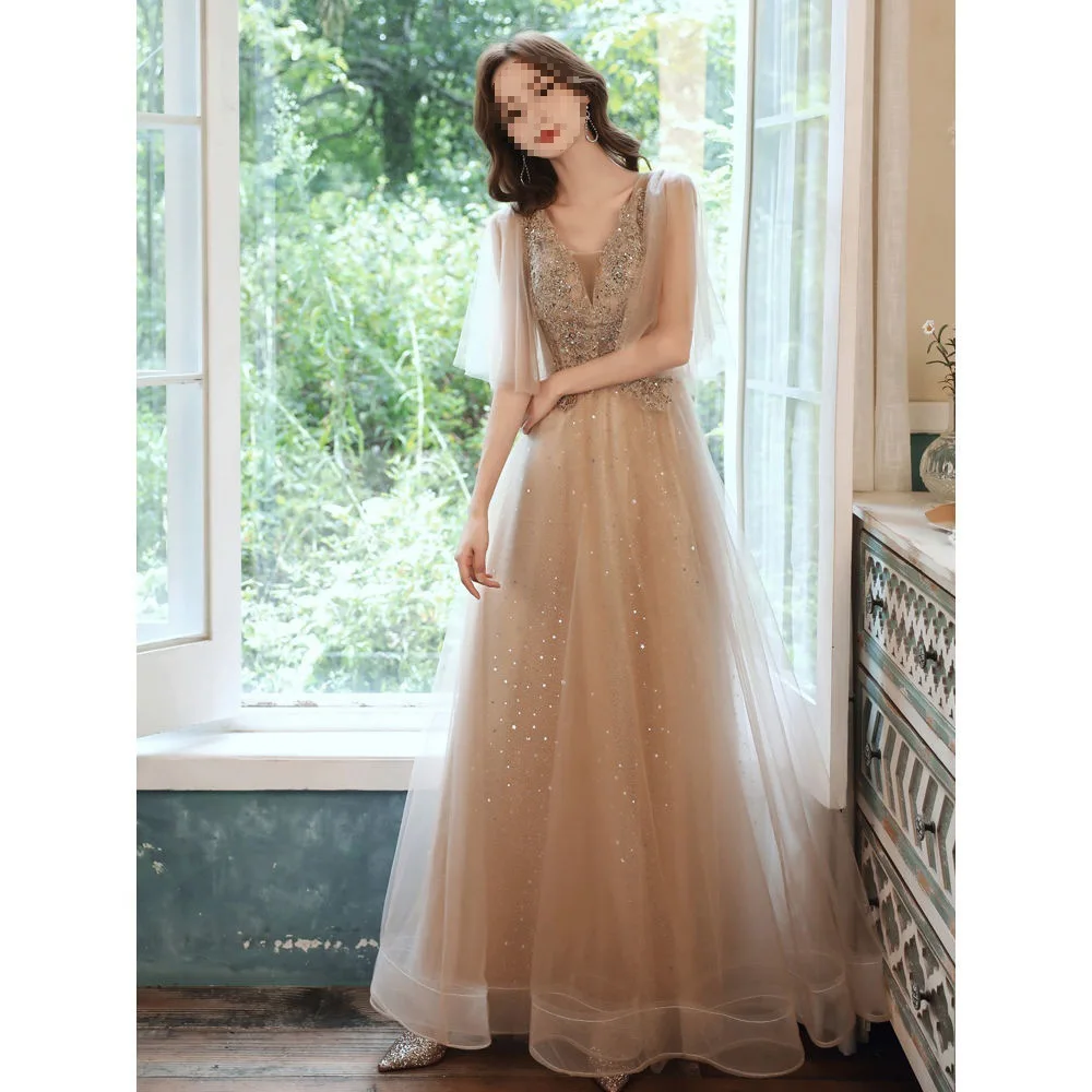 

Champagne Colored Evening Dress Embroidered Appliques Sequins Tulle High Waisted Gown Dreamy Gorgeous Ball Dresses 2024 New