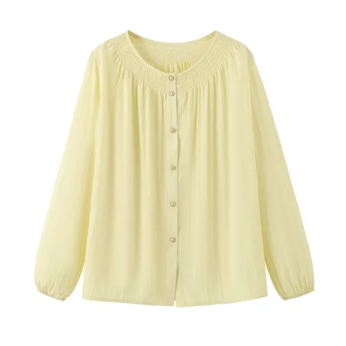 Blusas de talla grande para mujer, Tops con manga acampanada y cuello redondo, camisas holgadas de un solo pecho para primavera y otoño 2025