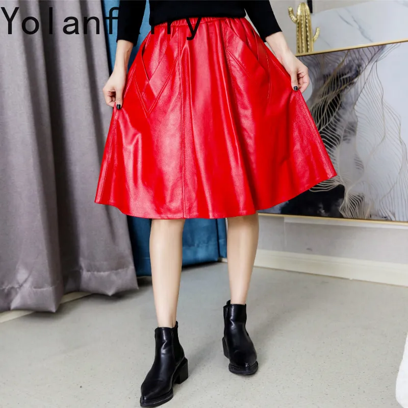 YOLANFAIRY 2026 New Autumn Winter Women Genuine Sheepskin Red Leather Midi Skirt Elastic Waist A-line Real Leather Skirts Woman