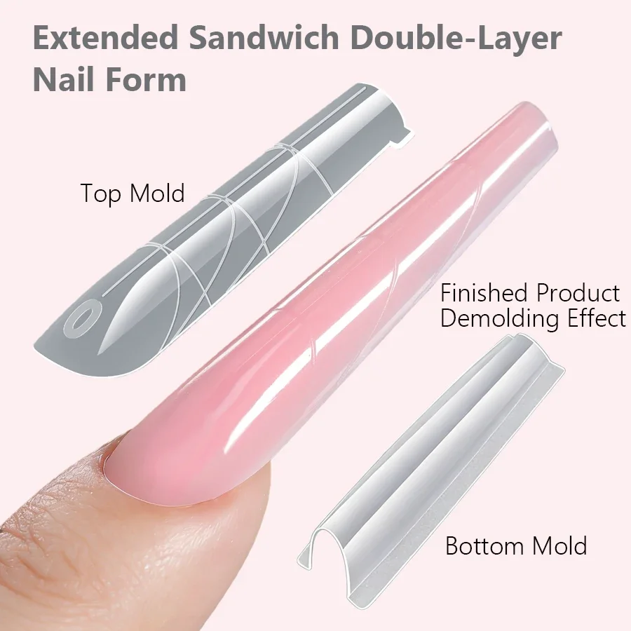 256Pcs Reusable Gel Nail Extension Forms Coffin & Almond Dual Shapes 16 Sizes Sandwich Top & Bottom Molds for Nail Art