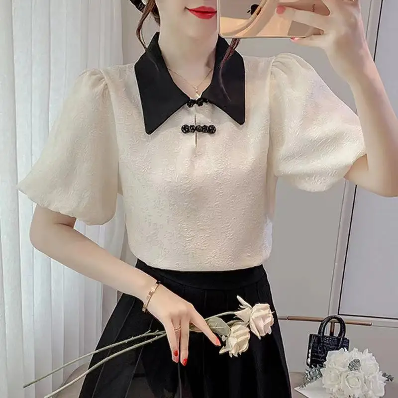 Women Summer Chinese Style Slim Embroidered Flares Chiffon Peter Pan Collar Short Sleeve Shirts Ladies Casual All-match Top Tee