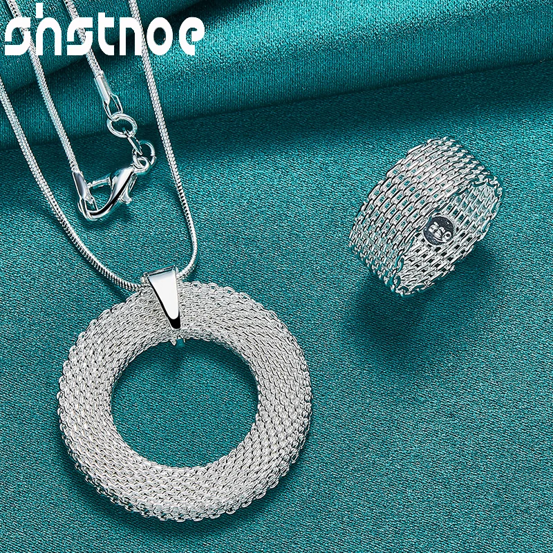 SHSTONE 2pcs 925 Sterling Silver Circular Network Holiday Necklaces Rings Popular Jewelry Sets For Woman Party Birthday Gifts