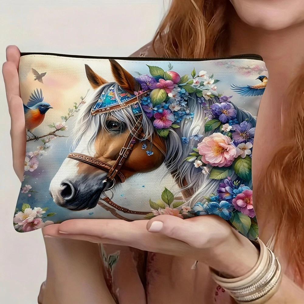 1pc Floral Galloping Horse Double-sided Printed Makeup Bag, Featuring A Design of Galloping Horses, Flowers, and Flying Birds