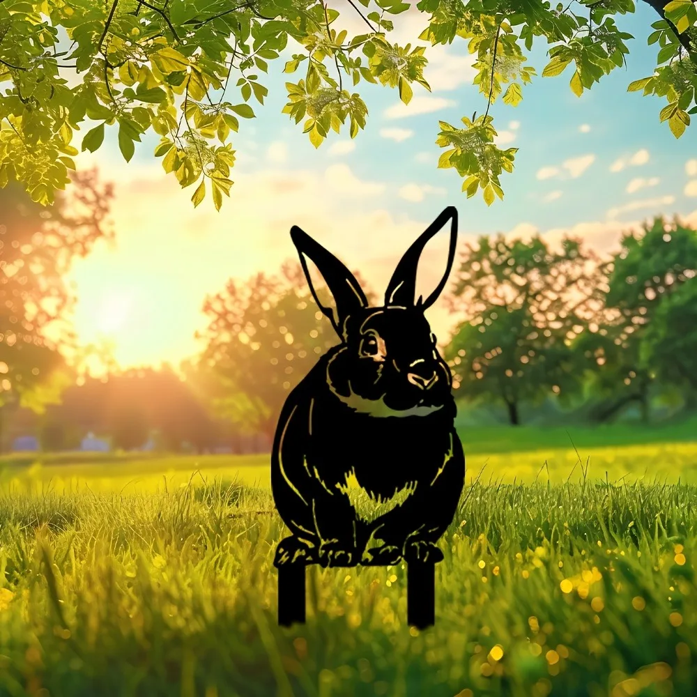 Iron Leaping Bunny Yard Stake, Black Abstract Rabbit Silhouette Decor for Lawn Garden Rustic Outdoor Metal Hanging Ornament Gift