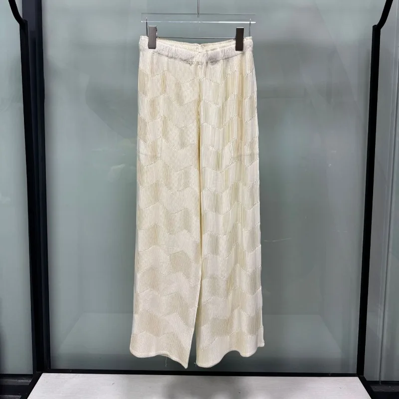 Miyake Pleated Wide-Leg Pants 2026 Autumn New Fashion Glossy Satin Gradient Wave Pattern Design Women's Straight-Leg Trousers