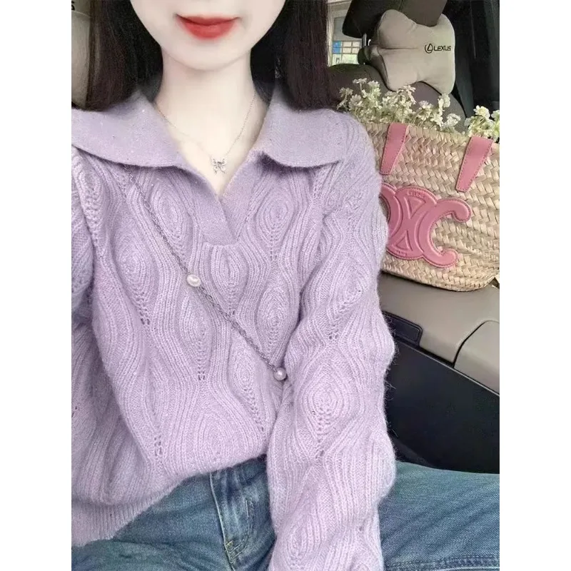 

Autumn and Winter Women's Clothing Purple Sweater Lazy Style Knitted Sweater Top