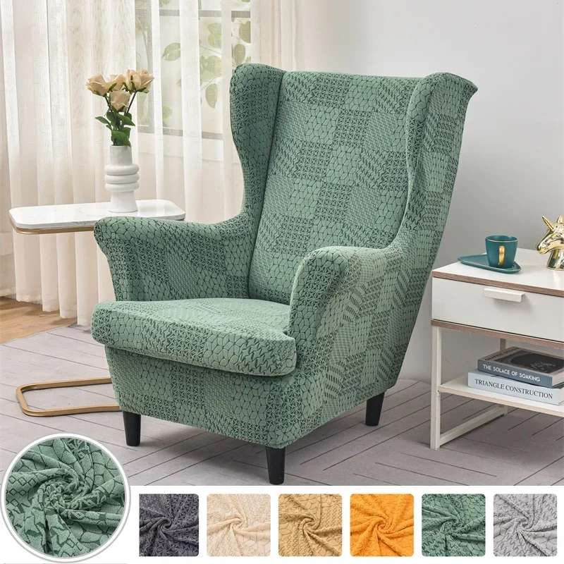 Wing Chair Cover Elastic Jacquard Wingback Sofa Covers All-inclusive Single Armchair Slipcover Furniture Protector Removable