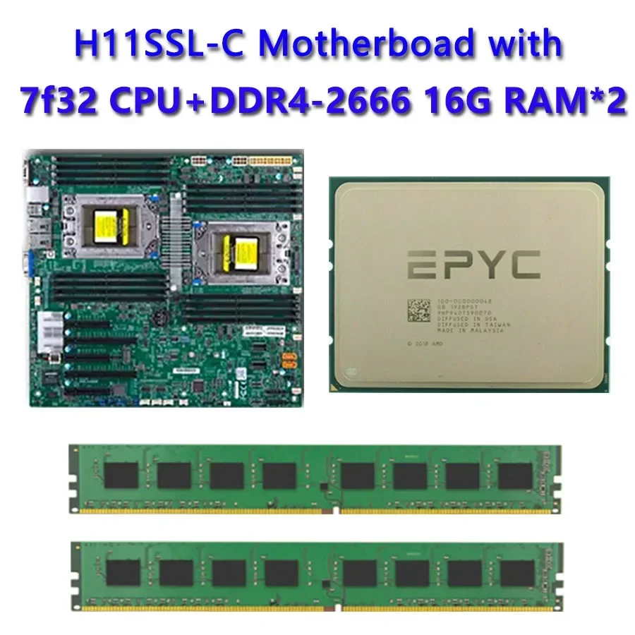 For Supermicro H11SSL-C Motherboard Socket SP3 180W TDP with Dual EPYC 7F32 CPU Processor 2pcs DDR4 16GB 2666mhz RAM REV2.0