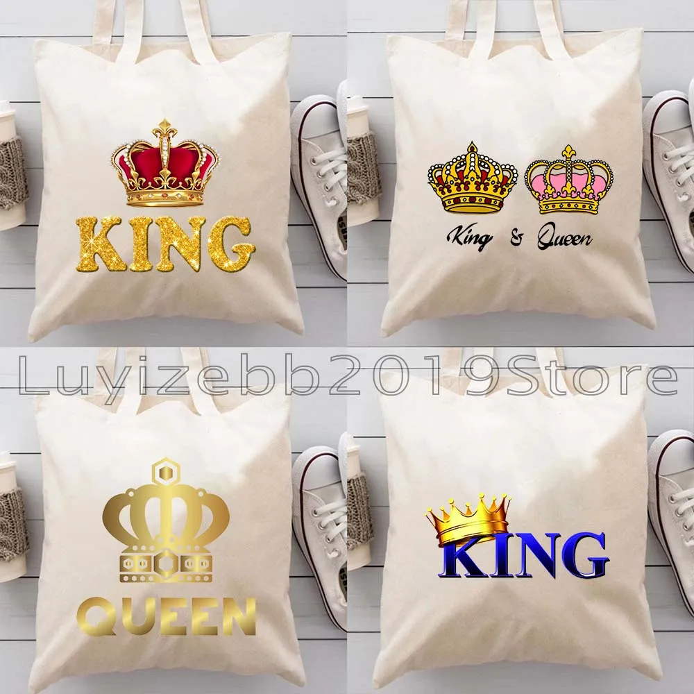Royal King Queen Crowns Cute King and Queen Castle Gifts Men Women Canvas Shoulder Tote Bag Harajuku Shopper Shopping Handbag