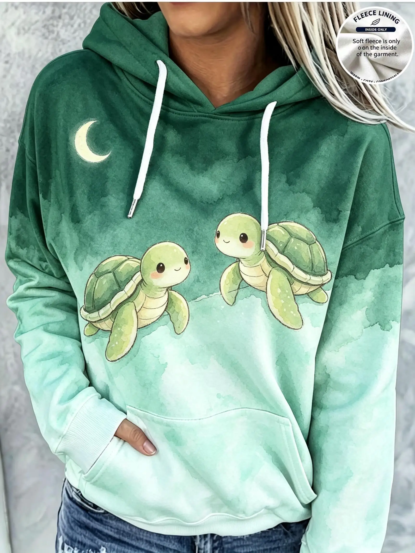 Women Fleece Hoodie Cute Sea Turtle Moon Gradient Print Long Sleeve Loose Sweatshirt